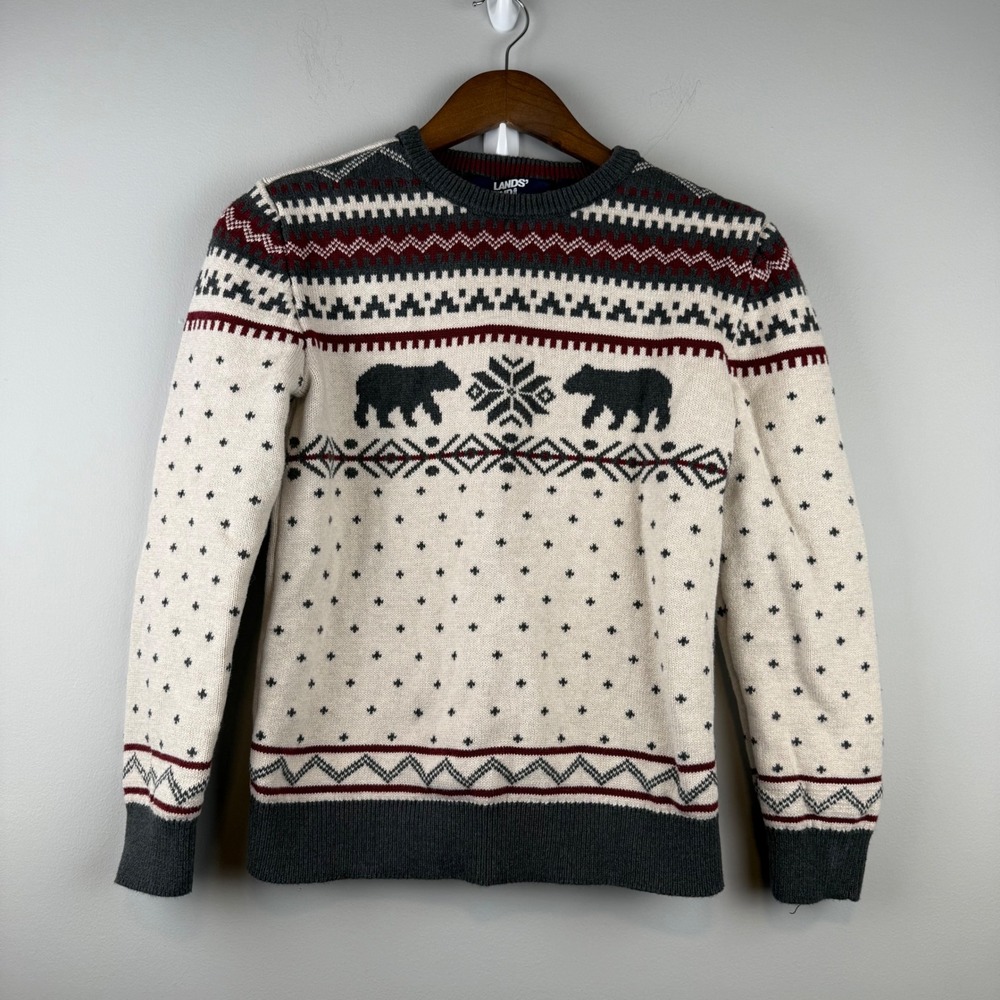 Lands' End Fair Isle Nordic Sweater Kids M/10-12 Bear Cabin Gorpcore Rustic Cozy